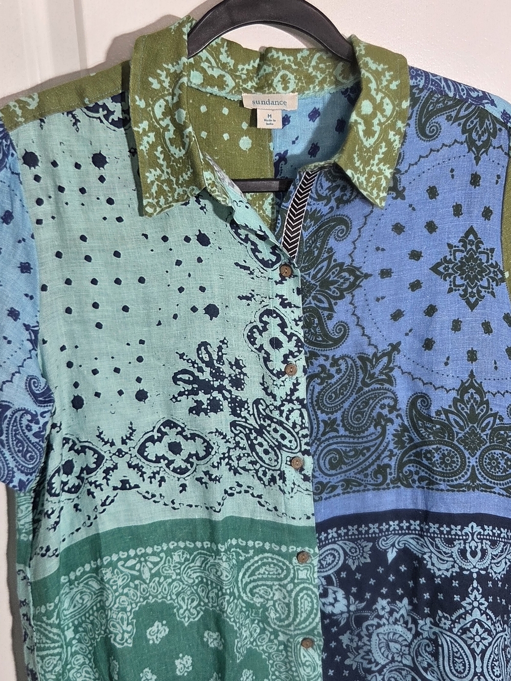 Sundance Mixed Green and Blue Patchwork Blouse Medium